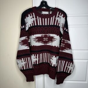 Vintage Saturdays Sweater Large Maroon Black White Pullover Aztec 90s Acrylic